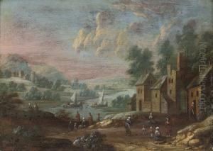 A River Landscape With Travellers By A Village
