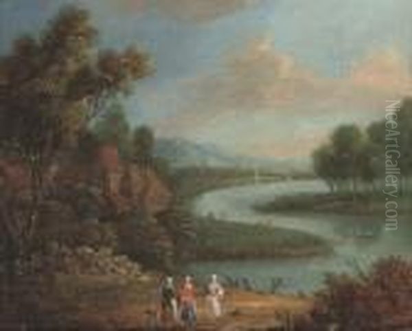 A Wooded River Landscape With Figures On A Track, A Village Beyond - view 1