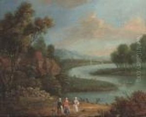 A Wooded River Landscape With Figures On A Track, A Village Beyond