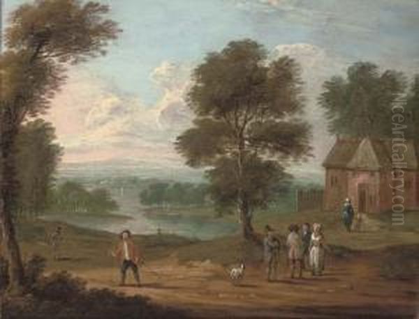 A River Landscape With Figures On A Track, A Cottage Beyond - view 1