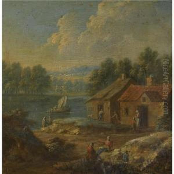 A River Landscape With Figures Conversing Before A Cottage - view 1