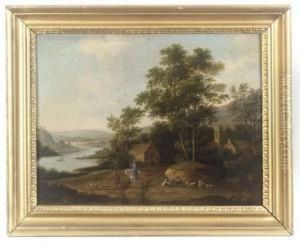 A River Landscape With Figures And Animals In A Village
