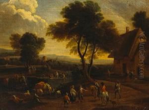An Extensive Landscape With Figures Outside An Inn by Marc Baets