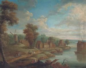 A Wooded River Landscape With Mounted Figures On A Track, A Villagebeyond