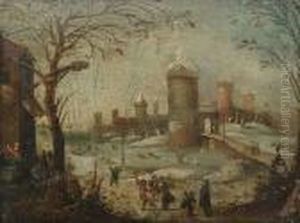 A Village Landscape With Figures
 Making Barrels In The Foreground; And A Winter Landscape With Figures 
Dancing Before A Walled Village