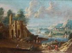 A River Landscape With Figures Resting On A Bank