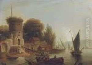 A River Landscape With Fisherman, A Walled Town Beyond