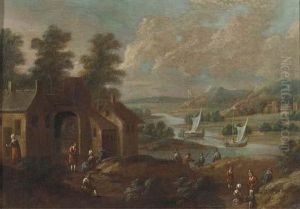 An Extensive River Landscape With Figures By A Village