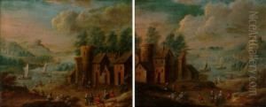 A River Landscape With Figures 
In A Village In The Foreground, A Village In The Distance; And A Village
 Landscape With Sailing Vessels On A River Beyond by Marc Baets