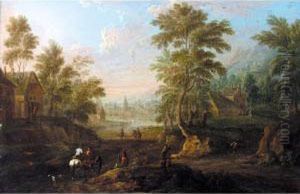 A Wooded Town Landscape With Horsemen And Other Figures In The Foreground