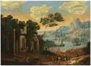 A River Landscape With Sailing Boats And Figures Resting On A Path by Marc Baets
