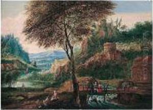 An Extensive River Landscape With Travellers In The Foreground