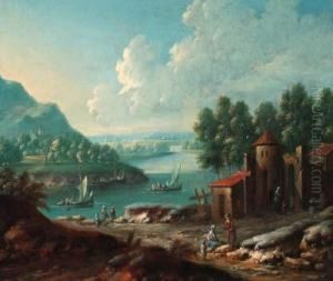 River Landscapes With Villagers By Gatehouses