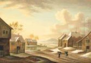 A Winter Landscape With Peasants In A Village By A River