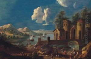 A River Landscape With Peasants 
On A Track Before A Bridge Andtower, Fishing Boats Beyond