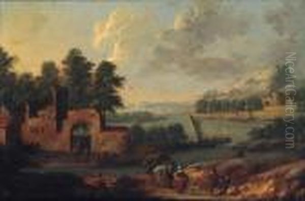 River Landscapes With Peasants By Villages - view 1