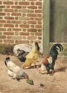 Chickens in a farmyard by William Baptiste Baird