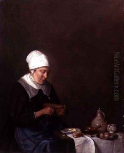 A Woman Seated at a Table Cutting a Slice of Cheese by Esaias Boursse