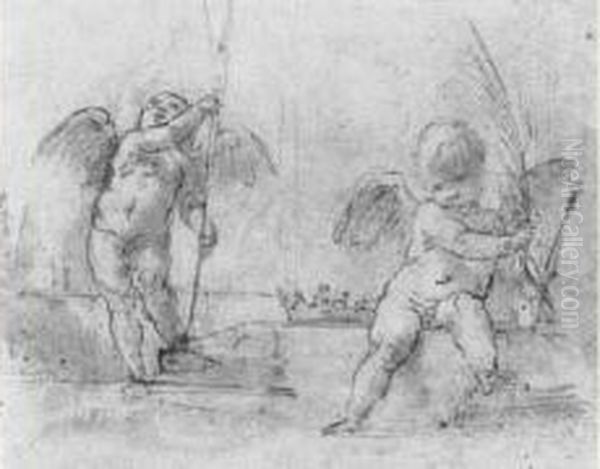 Deux Etudes De Putti Tenant Une Lance Et Une Palme De Martyr - view 1