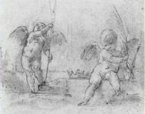 Deux Etudes De Putti Tenant Une Lance Et Une Palme De Martyr