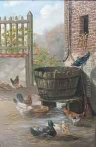 Chickens And Ducks At A Water Barrel by Jules G. Bahieu