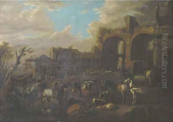 Travellers on horseback by a blacksmith with peasants and their cattle near the ruin of the Basilica of Constantine and the San Francesco Romana - view 1