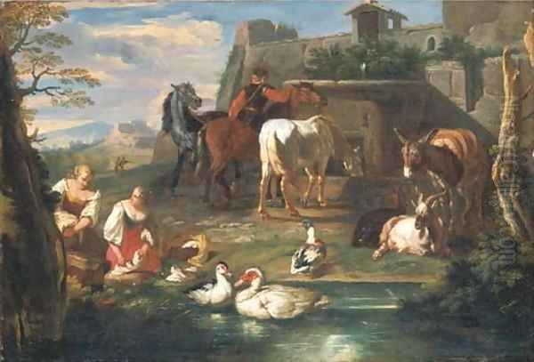 Washerwomen at a pond with ducks, goats and a donkey, a rider watering horses at a fountain and a landscape beyond - view 1