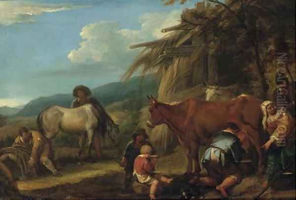 A peasant milking a cow with a groom and horse and other peasants by a hut, a landscape beyond - view 1