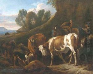 A peasant with cows, a mule, sheep, a donkey and a turkey in an Italianate landscape by Pieter van Bloemen