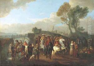 An Italianate river landscape with cavalry on the march