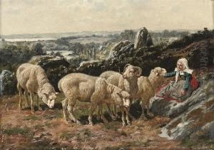 A Shehperdess With Her Flock by William Baptiste Baird