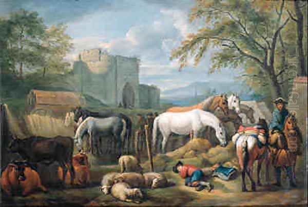 Cavalry man halting at a refreshment place for horses outside a town gate, a shepherd boy asleep in the foreground - view 1