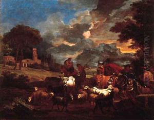Shepherds, cowherds and muleteers with cattle and flock in an Italianate landscape by Pieter van Bloemen