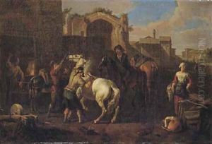 A blacksmith's forge with a blacksmith branding a horse by Pieter van Bloemen