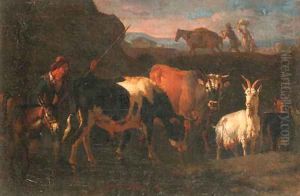 A cowherd with cattle, a goat and a donkey in an Italianate landscape by Pieter van Bloemen