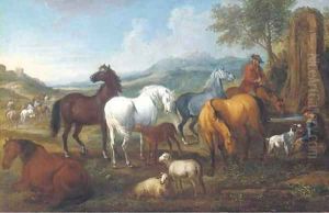 An extensive landscape with horses at a trough by Pieter van Bloemen