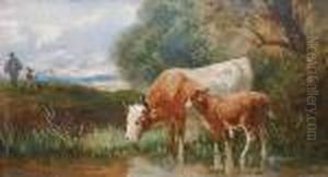 Kuh Und Kalb Am Wasser by Hermann Baisch