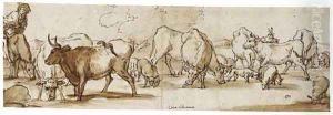 Cows and sheep grazing with a shepherd on horseback by Pieter van Bloemen
