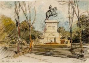 Vista De La Plazade Oriente Con La Estatua De Felipe Iv A Caballo