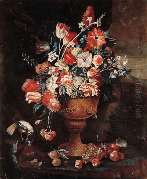 Flowers in a gilt urn with a songbird and fruit strewn on the ground in a landscape - view 1