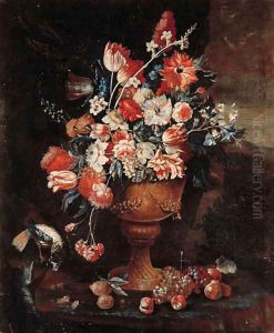 Flowers in a gilt urn with a songbird and fruit strewn on the ground in a landscape by Jan-baptist Bosschaert