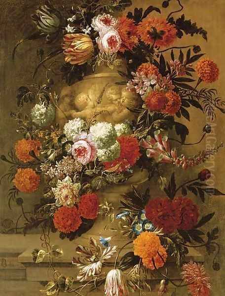 Flowers in a terracotta vase on a stone ledge - view 1