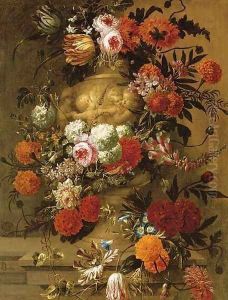 Flowers in a terracotta vase on a stone ledge by Jan-baptist Bosschaert