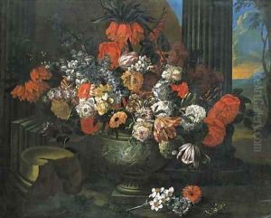 Tulips, roses, carnations and other flowers in a sculpted vase before a column, a landscape beyond by Jan-baptist Bosschaert