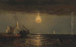An Evening Seascape With Men Warming Themselves By A Fire Next To A Beached Vessel by Elisha (Taylor) Baker