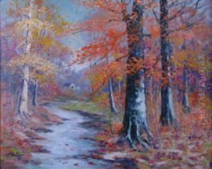 Autumn Interior Woods With Distant Cabin by George Herbert Baker