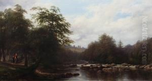 On The Usk Above Brecon by Thomas Baker Of Leamington