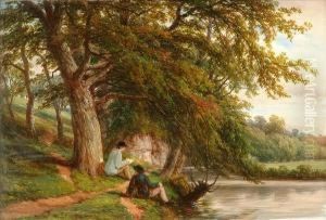 On Theavon, Fisherman On The Bank by Thomas Baker Of Leamington