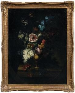 Still Life With Lilacs, Delphinium, Primrose, Tulips In An Urn On A Parapet