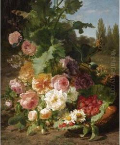 A Still Life With Roses, Daisies, Raspberries And Peaches In Alandscape by Geraldine Jacoba Van De Sande Bakhuyzen